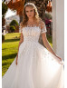 Short Sleeves Beaded Ivory Lace Tulle Romantic Wedding Dress